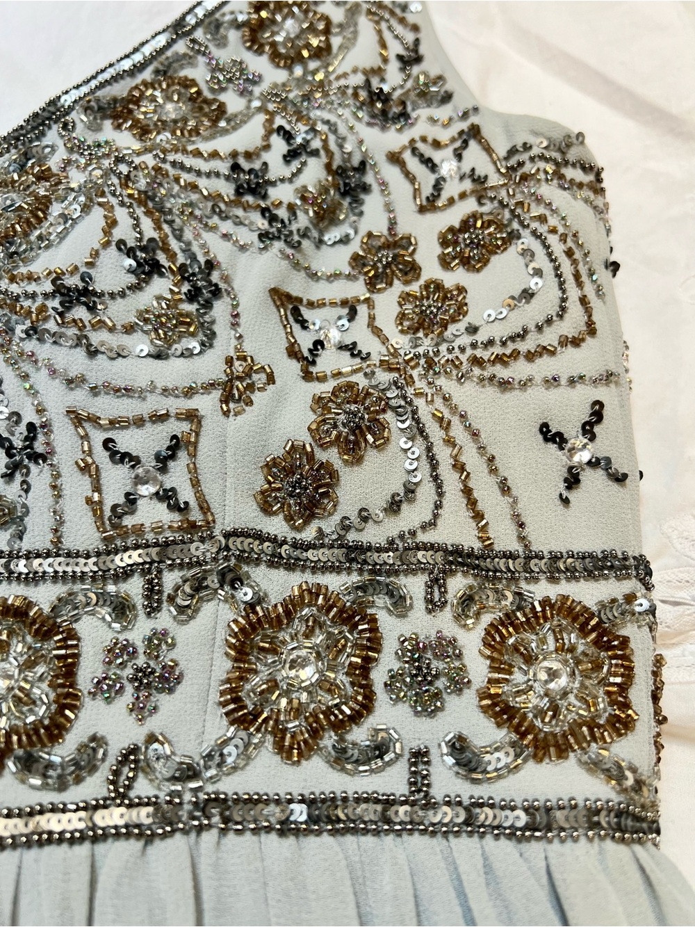 BHLDN by Anthropologie Pale Bluish Gray Beaded V-Neck Pleated Maxi Dress Size 4 - Picture 6 of 15